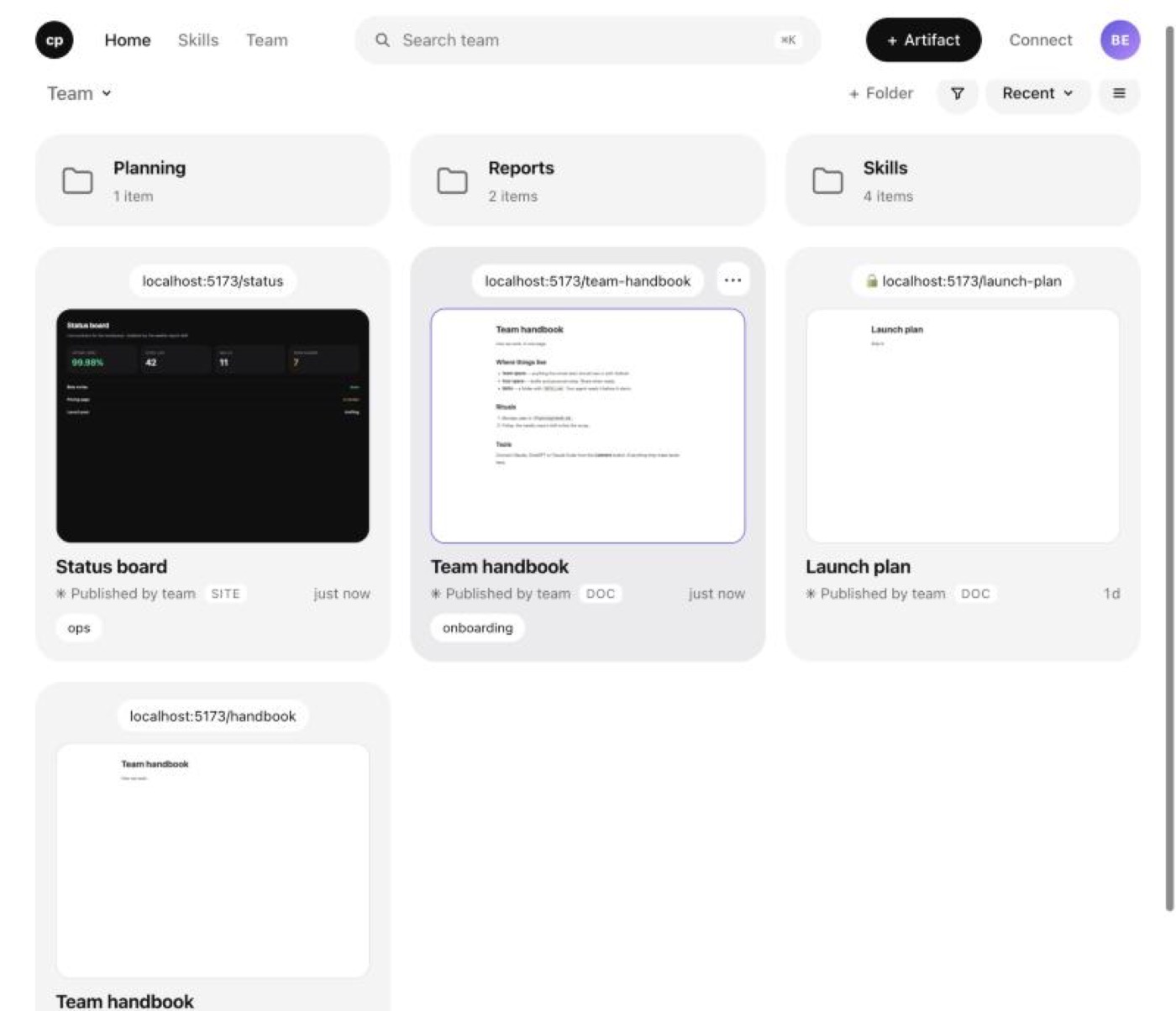 Headless AI Workspace team view with published sites, docs, and folders